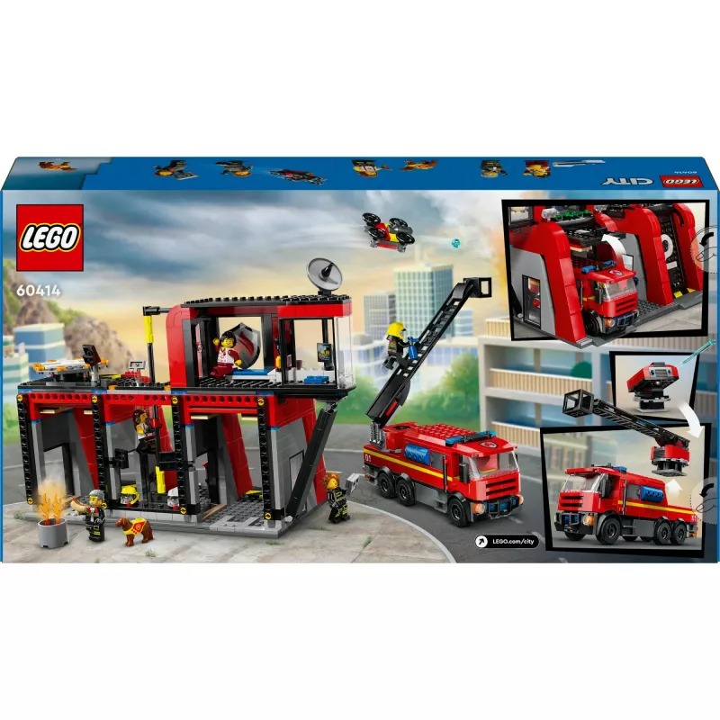 Juguete de construcción LEGO City Parque de bomberos con camión de escalera 60414 — 843 piezas, 5 minifiguras, 220×320×140 mm