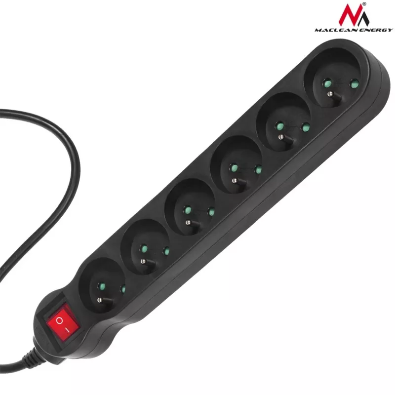 Alargador de corriente MACLEAN MCE225 — cable de 1.5 m, 6 tomas AC Type F, interior, negro