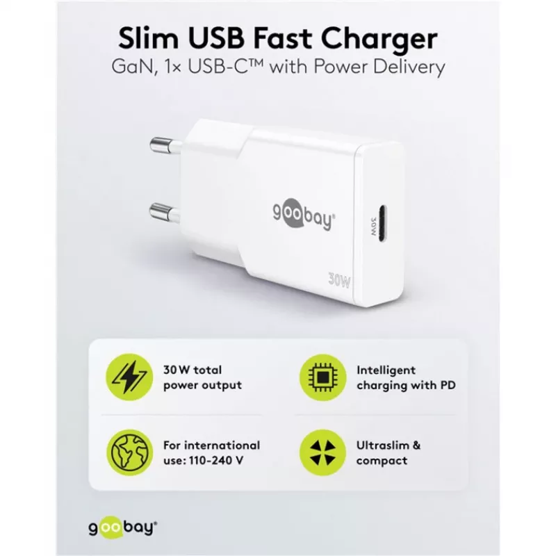 Cargador rápido fino USB-C PD GaN (30 W) (blanco)