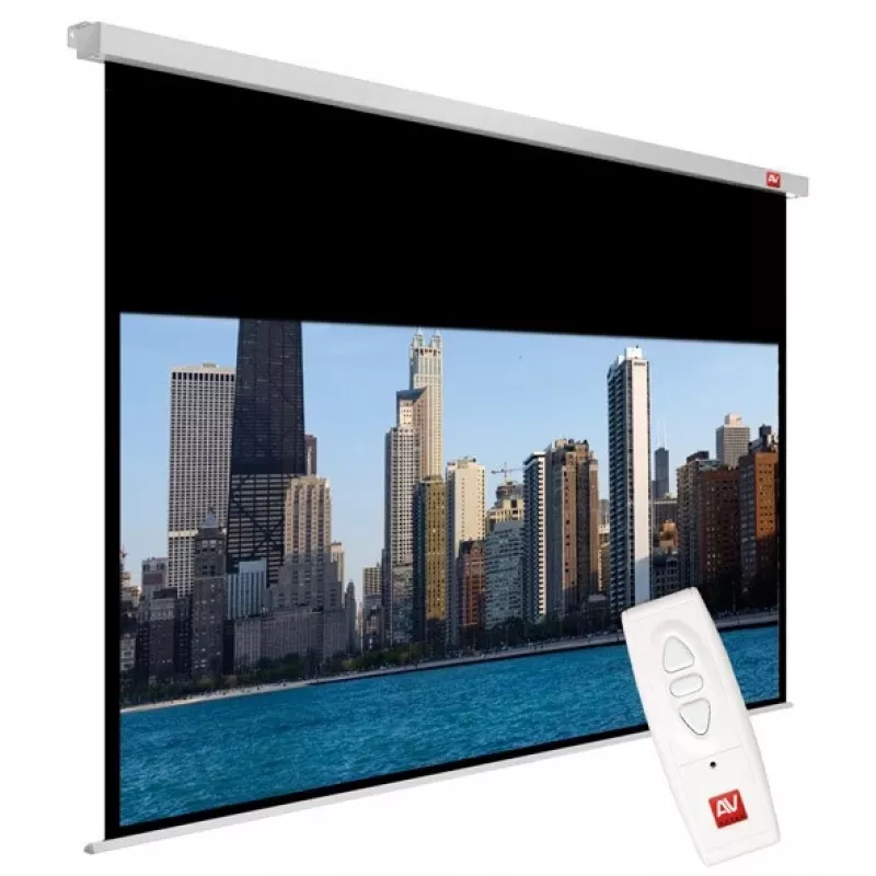 Pantalla de proyección AVTEK Video Electric 270, 4:3, visible 195×260 cm, montaje en techo/pared, caída negra de 20 cm, bordes de 5 cm