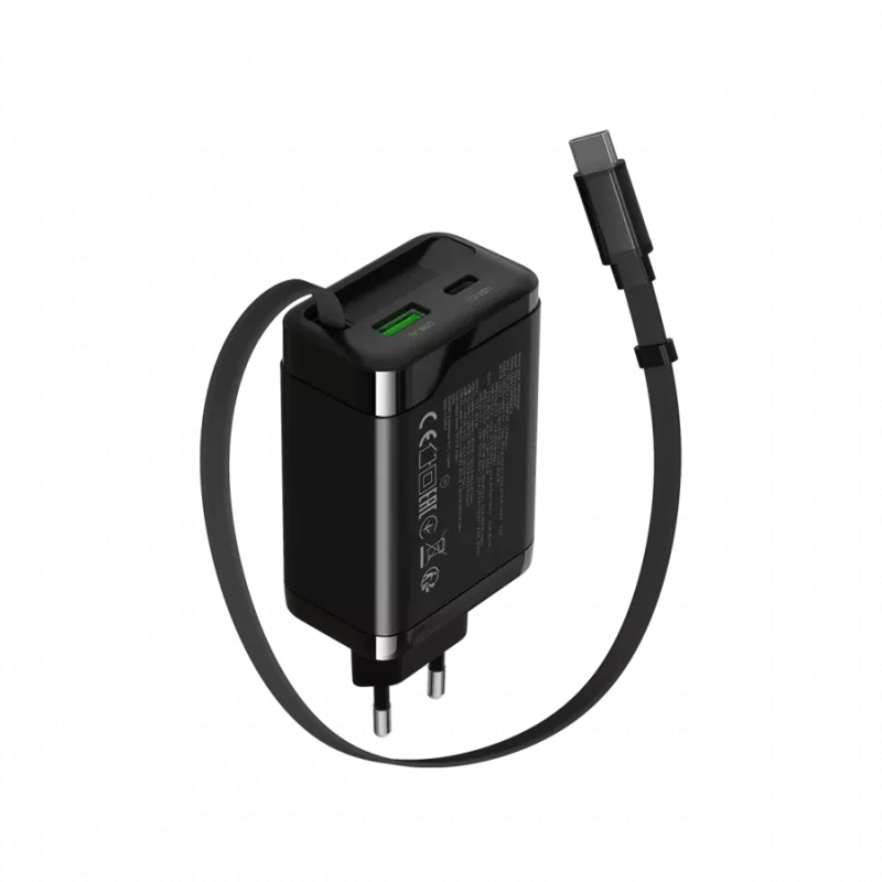 Cargador CANYON OnCharge 65RC con cable USB-C integrado, 65 W, 1x PD, 1x QC, conector EU, negro