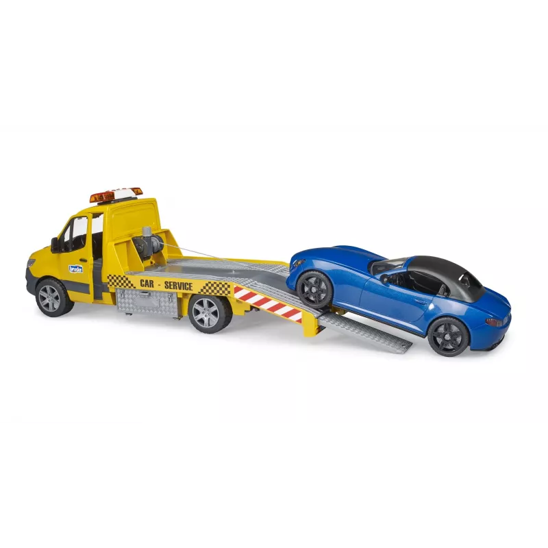 Bruder MB Sprinter transportador de coches con módulo de luz y sonido, naranja/azul, incl. roadster