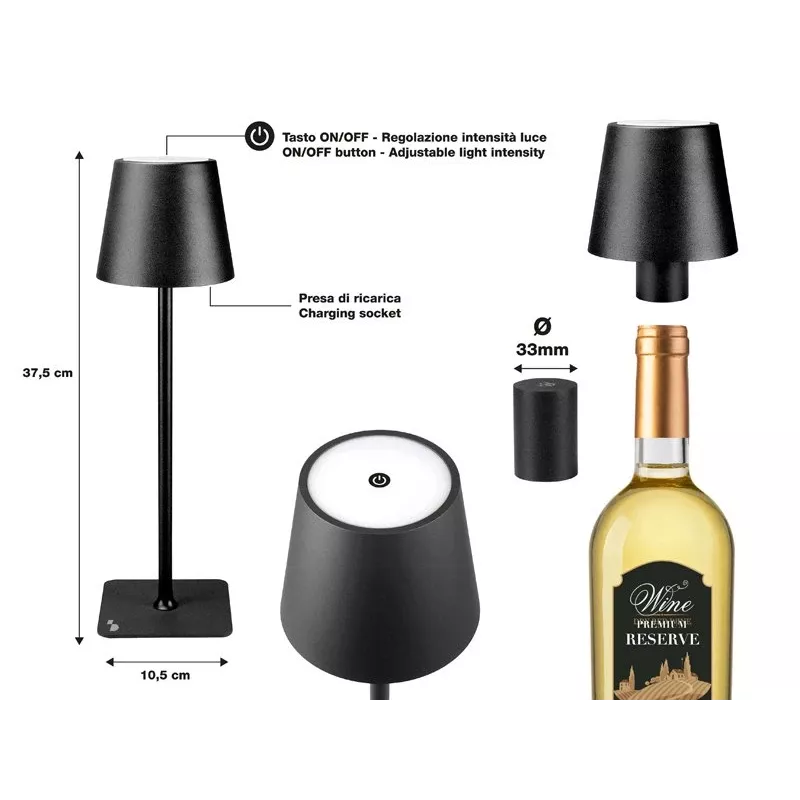 Beper P201UTP118 lámpara de mesa LED recargable, 1,5 W, interruptor táctil, regulable, adaptador para botella de 33 mm, resistente al agua, negra