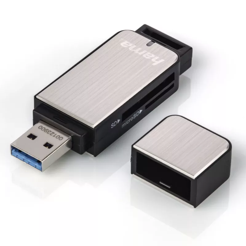 Hama 123900 lector de tarjetas USB 3.0 SD/microSD, aluminio, negro/plata