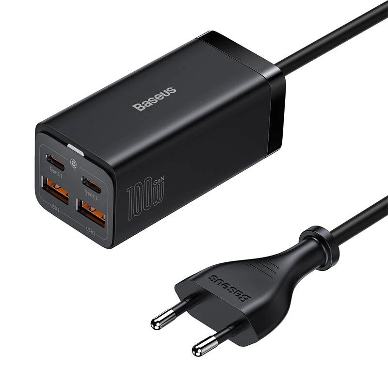 Baseus GaN3 Pro CCGP000101 cargador de sobremesa 100 W, 2x USB-C + 2x USB-A, PD 3.0, QC 4.0+, cable de 1,5 m, negro