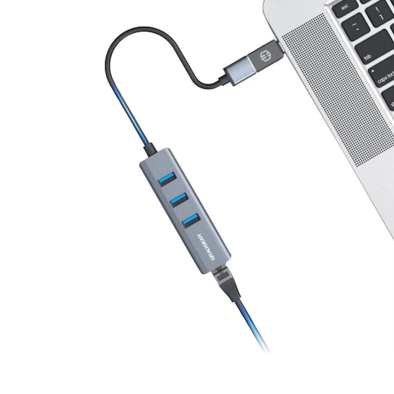 Hub USB GRAUGEAR G-HUB31L-A — host USB 3.2 Gen 1 Type-A, 3 puertos USB 3.2 Gen 1 Type-A + RJ-45, 5000 Mbit/s