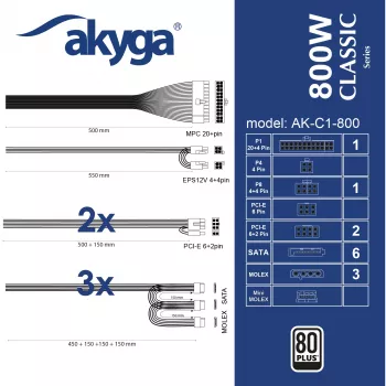Akyga Classic AK-C1-800 Fuente de alimentación ATX 800 W, 80 PLUS, PFC activo, ventilador de 120 mm