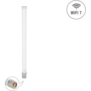 Antena WiFi 7 omnidireccional para exterior DELOCK 81455 tipo N 4,5–6,6 dBi 32 cm polarización vertical blanca