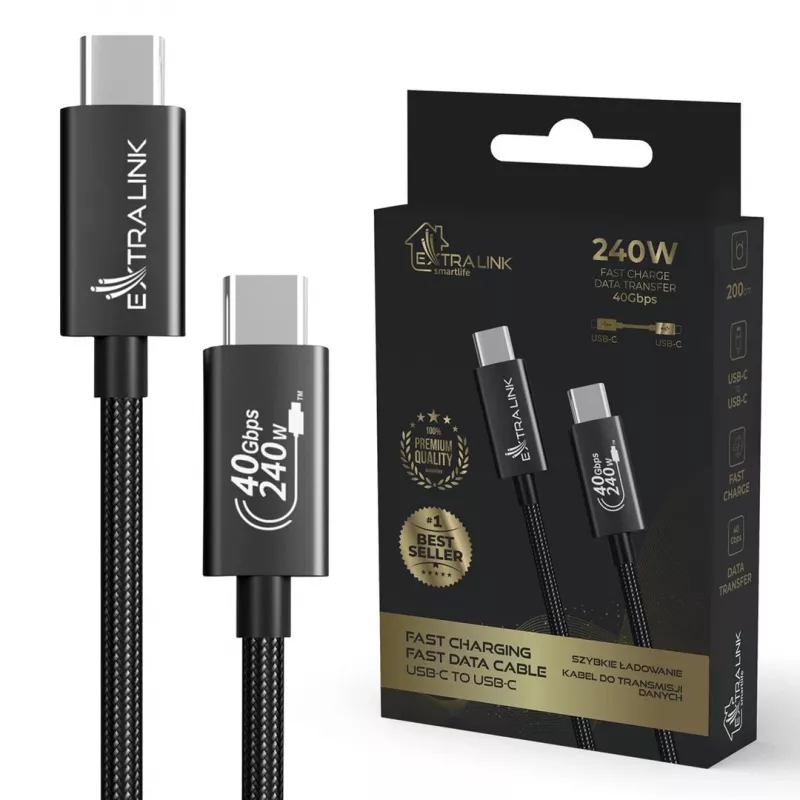 Extralink Smart Life CABESL05 cable USB-C a USB-C, trenzado, 240 W, 40 Gbps, 2 m, negro