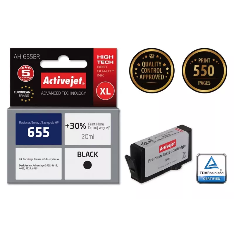 Activejet AH-655BR Tinta (sustituto de HP 655 CZ109AE; Premium; 20 ml; negro)