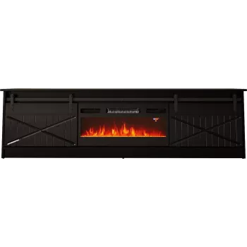 Soporte TV con chimenea Cama Meble GRANERO modelo – 200 x 56,7 x 35 cm, negro/negro brillante, 2 puertas, 2 estantes, puertas correderas, MDF/tablero de partículas