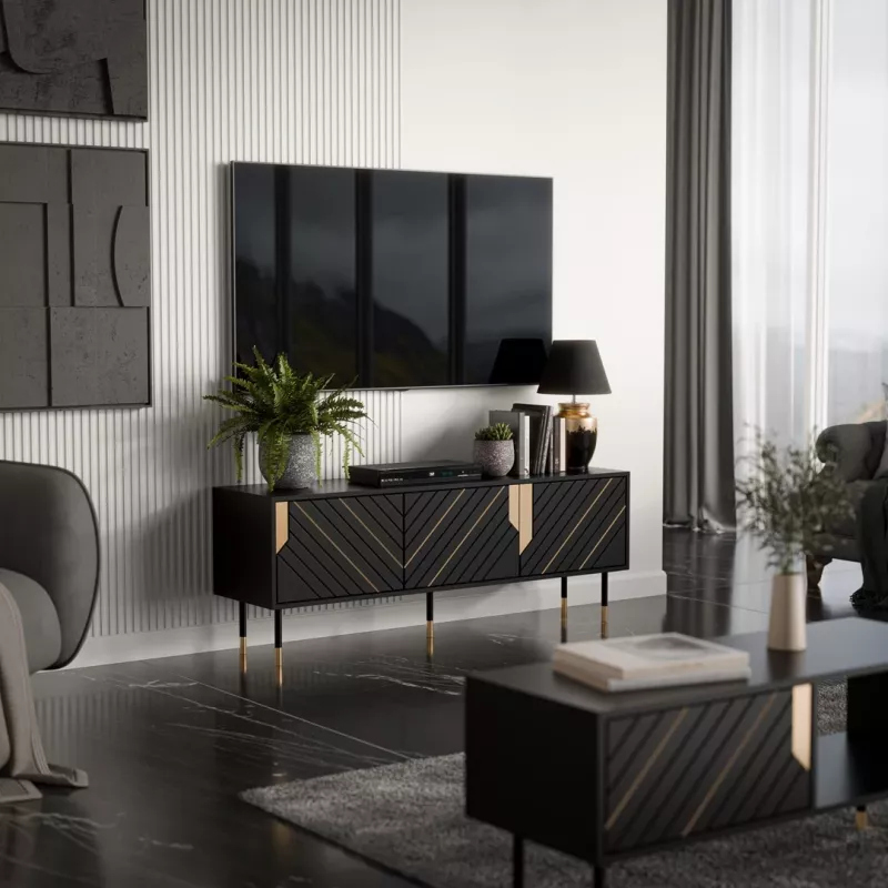 Mueble TV Cama Meble MOUNTAIN 154x40x55 cm – superficie de tablero de partículas, negro y dorado