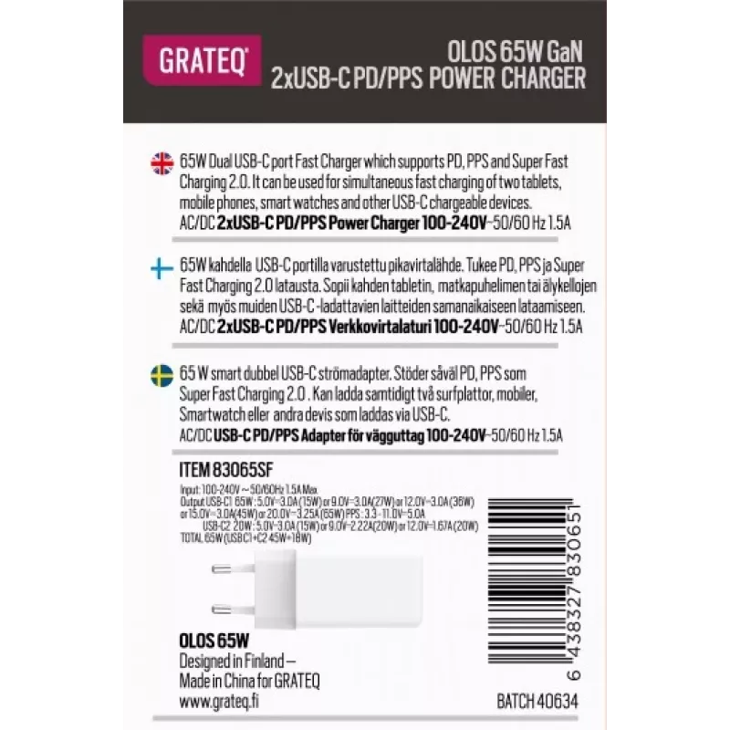 GRATEQ OLOS cargador de pared PD/PPS, 2x USB-C, GaN, 65 W