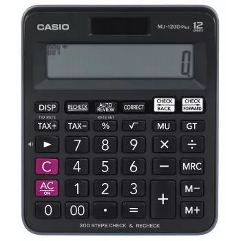 Calculadora de sobremesa CASIO MJ-120D PLUS — simple 12 dígitos, pila/solar, 35 teclas, impuesto y raíz cuadrada, negra