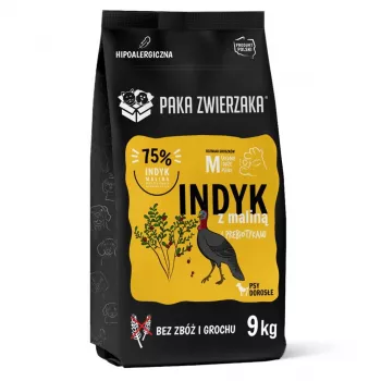 Comida seca PAKA ZWIERZAKA pavo con frambuesa M — 9 kg, razas grandes adultas, 28 % proteína, 15 % grasa