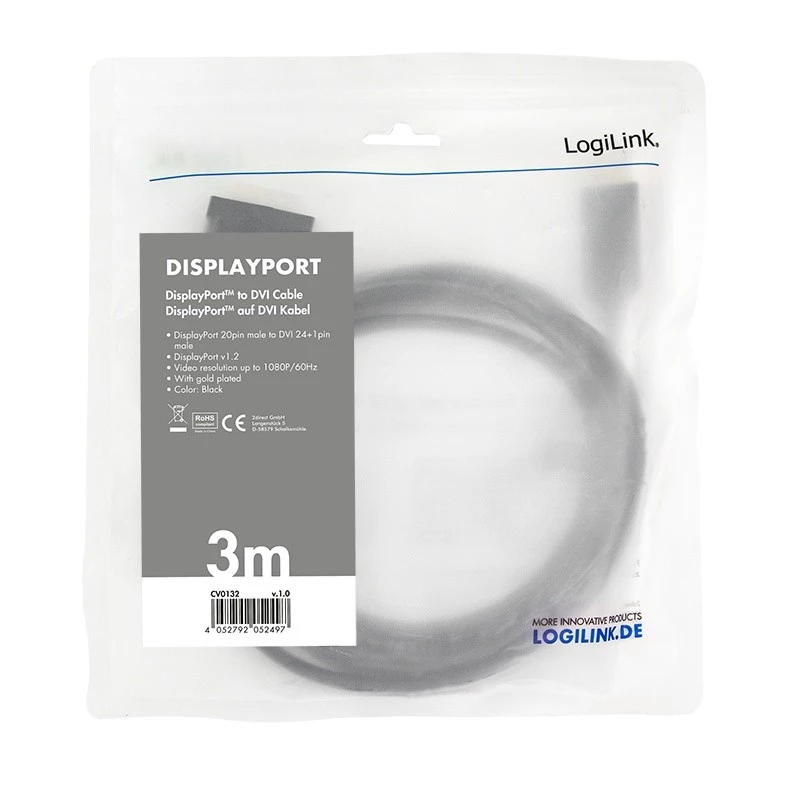 Adaptador de cable de vídeo LogiLink CV0132 DisplayPort a DVI 3 m negro