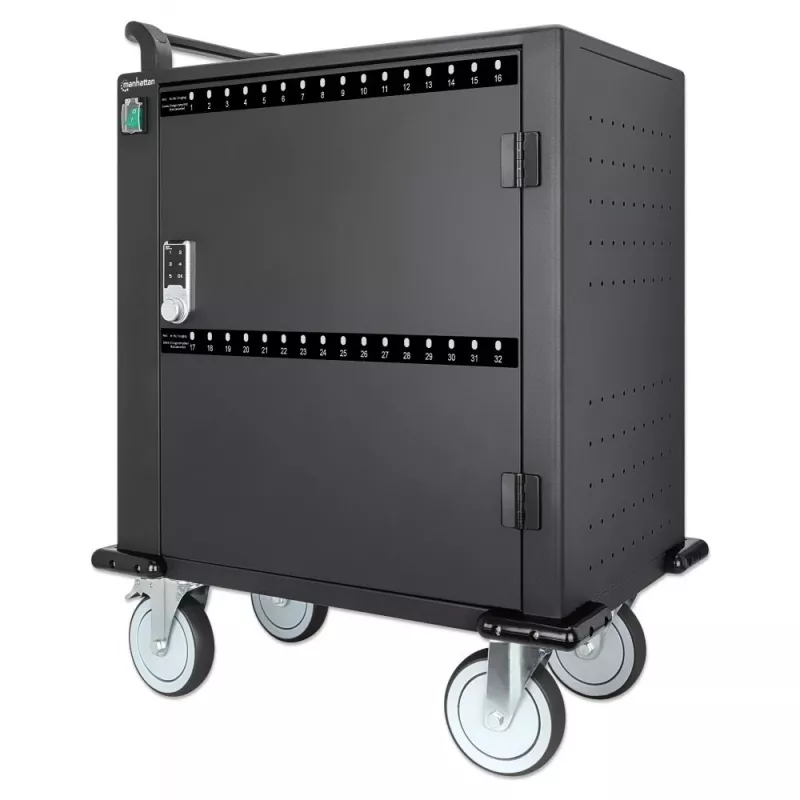 Manhattan Carro/Carrito de carga de 32 tomas por USB-C para iPad hasta 13 pulgadas, MacBook Air hasta 13 pulgadas y Chromebook hasta 14 pulgadas, también otros tablets/smartphones (con cable dispositivo a USB-C), compartimentos 330x22x235 mm, cable de carga de dispositivo no incluido (recomendado cable USB-C 35