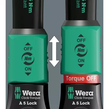 Llave dinamométrica con carraca reversible Click-Torque Lock A 5 negro/verde, salida 1/4, 2,5 a 25 Nm