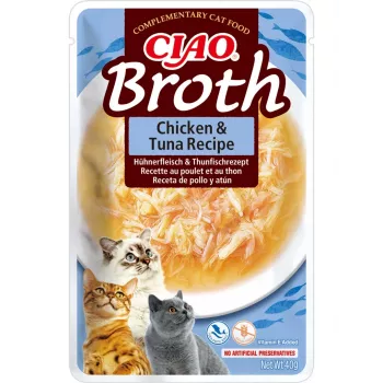 Snack húmedo para gatos INABA Ciao Broth pollo y atún 40 g — snack líquido cárnico en sobre, 9,4 % de proteína, 88 % de humedad