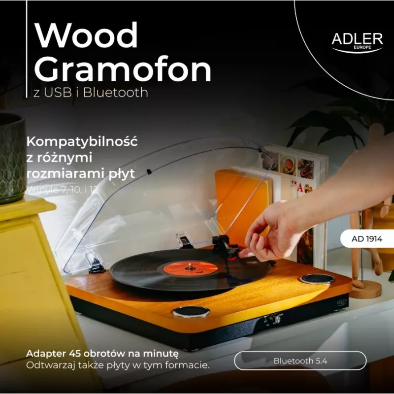 Adler AD 1914e tocadiscos con USB, Bluetooth, 33 1/3 y 45 rpm, cápsula cerámica, altavoces integrados de 2x0,8 W, salida RCA