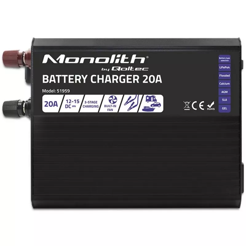 Cargador QOLTEC Monolith 20 A 12 V para baterías LiFePO4, AGM, GEL, SLA