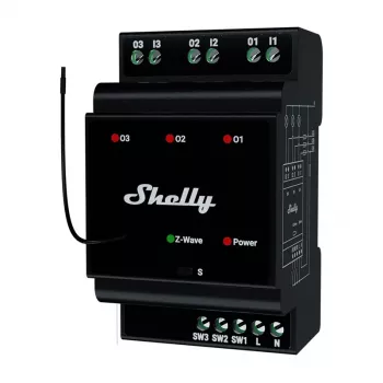Relé inteligente para carril DIN Shelly WavePro3 3 canales Z-Wave, 110–240 V, 25 A por canal, AES-128, montaje DIN