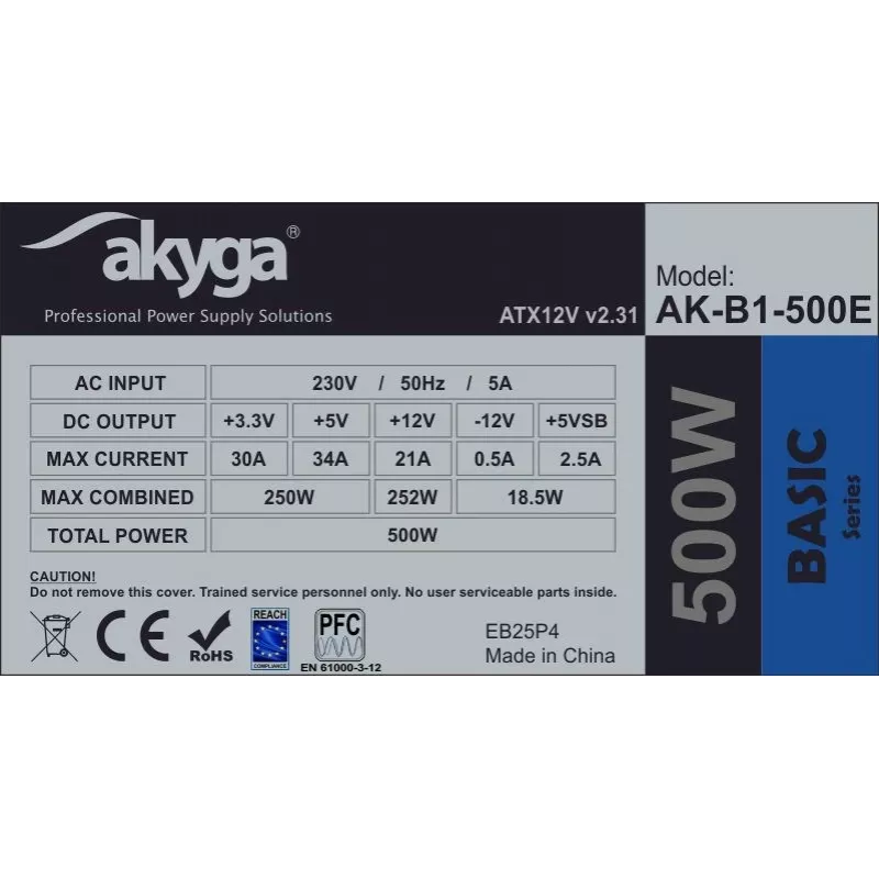 Fuente de alimentación ATX Akyga AK-B1-500E Basic 500 W, PFC pasivo, ventilador de 120 mm, gris