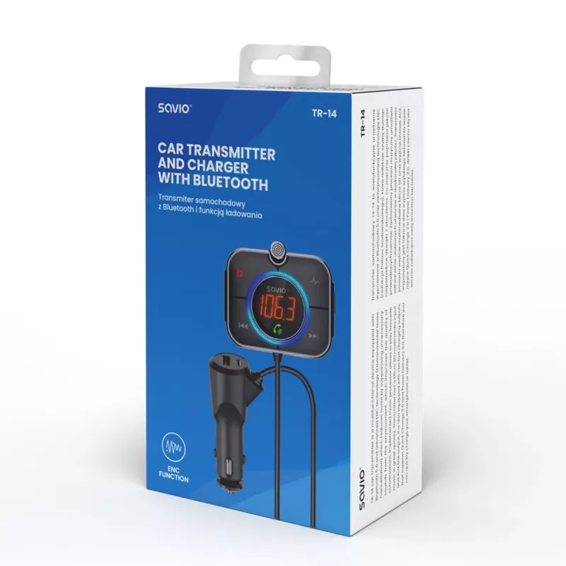 Transmisor FM SAVIO TR-14 Bluetooth USB, FM 87,6–107,9 MHz, MicroSD, USB-C, alimentación de coche 12 V