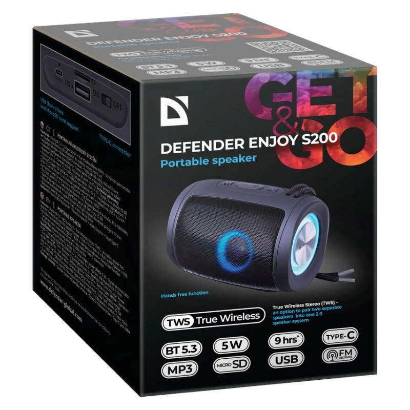 DEFENDER Enjoy S200 65200 altavoz Bluetooth portátil, TWS, 5 W, luz LED, FM, microSD, batería de 10 h, negro