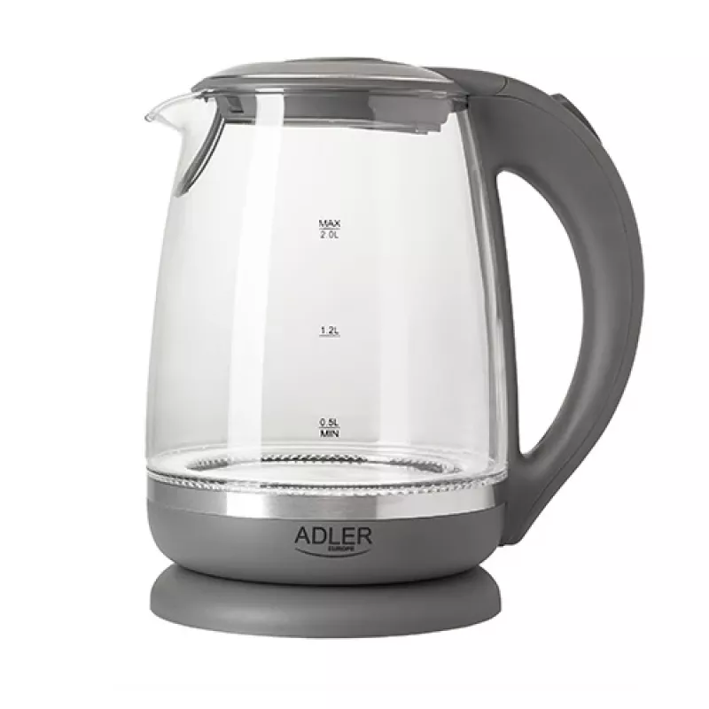 Adler | Hervidor | AD 1286 | Estándar | 2200 W | 2 L | Plástico/Cristal | Base giratoria 360° | Gris/Transparente