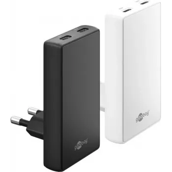 Cargador rápido dual USB-C PD GaN Goobay 90° Flat 65 W negro - 2x conexiones (75725)
