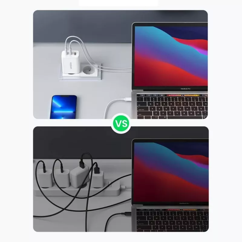 Cargador de pared UGREEN CD275 2× USB Type-C 65W Blanco — Doble USB-C 65W carga rápida, entrada 100–240V