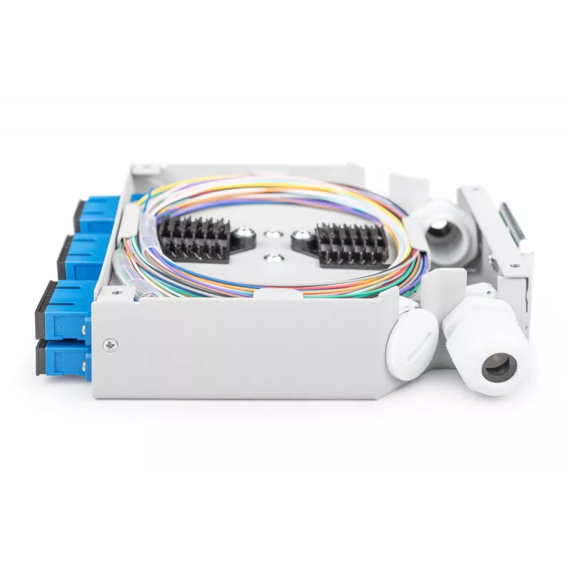 Caja de carril DIN de fibra óptica DIGITUS DN-963890, OS2, adaptador SC con pigtail de 2 m, acero, azul/gris
