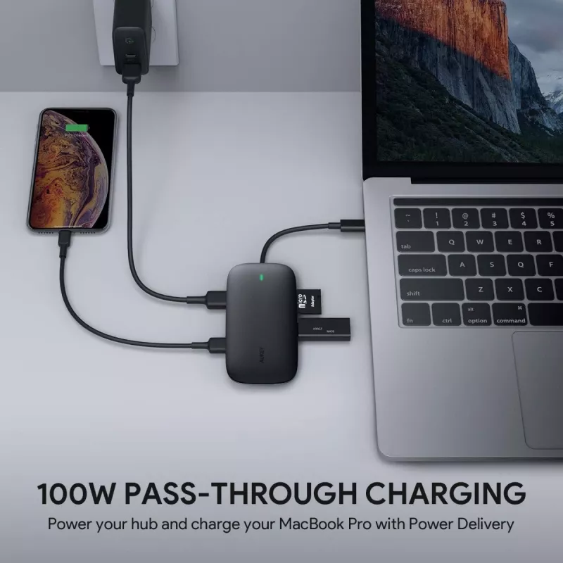 AUKEY CB-C71 hub USB-C 8 en 1, 3x USB-A 3.0, HDMI 4K@30Hz, Gigabit RJ45, SD/microSD, USB-C PD 100 W, cable de 0,15 m, aluminio, negro