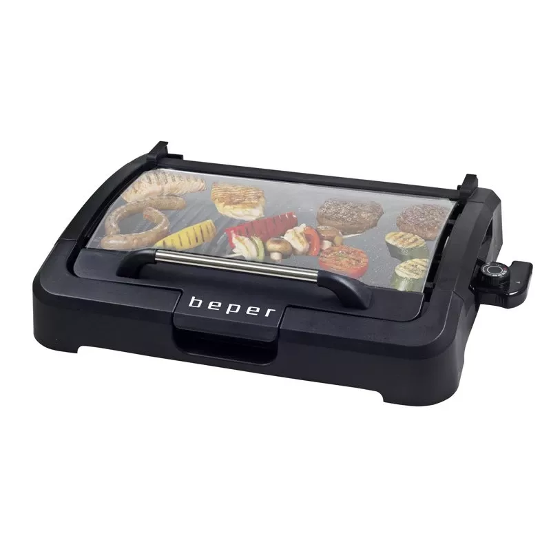 Beper 90.871 barbacoa eléctrica, placa antiadherente de 39 x 29 cm, tapa de cristal, 2200 W, negra