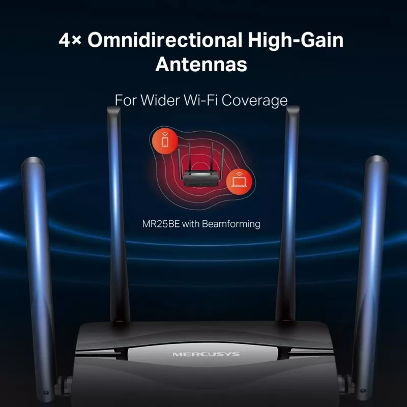 Router de sobremesa MERCUSYS MR25BE EasyMesh Wi‑Fi 7 dual‑band 2,4/5 GHz, 3600 Mbit/s, 3× Gigabit-LAN, 4 antenas externas