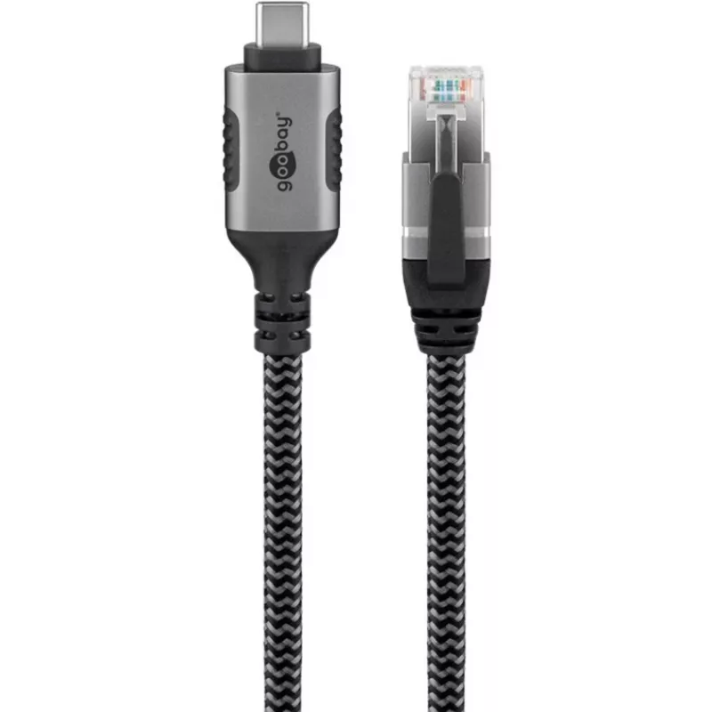 Cable Ethernet USB-C 3.2 Gen2 conector macho > conector macho RJ-45, adaptador LAN negro/plata, 3 metros, funda textil trenzada