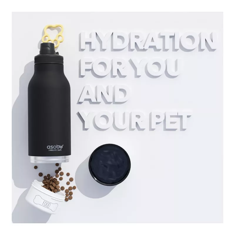 Asobu - Dog Bowl Buddy - Botella de acero inoxidable con 2 comederos negra