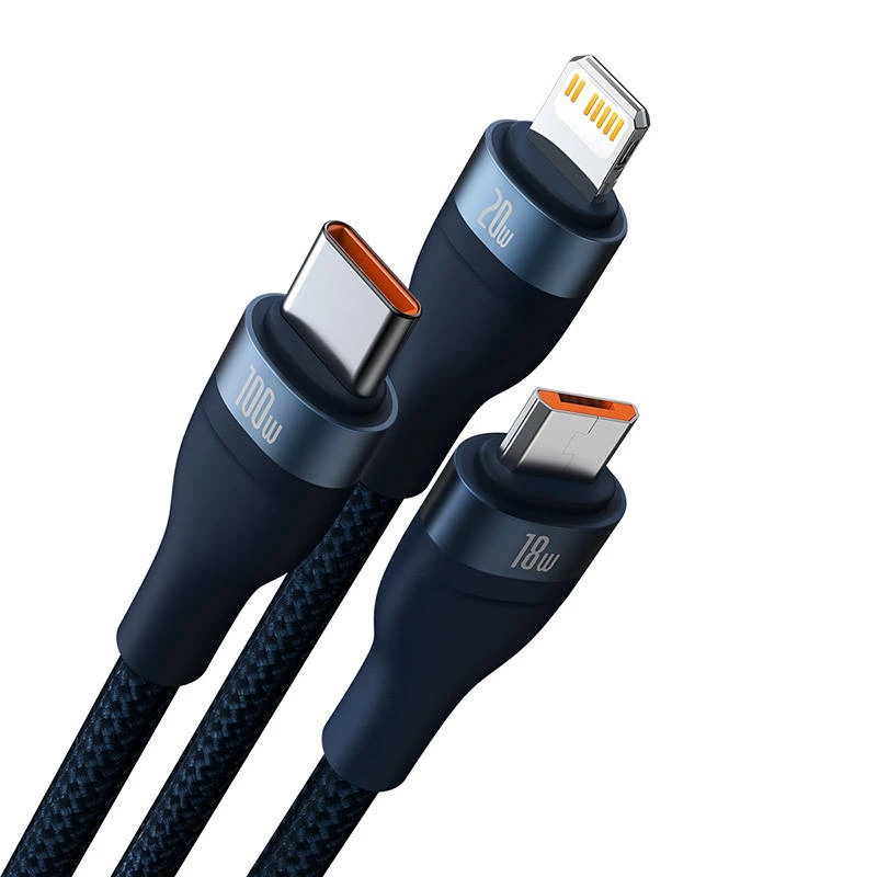 Cable USB 3 en 1 Baseus Flash Series 2, USB-C + Micro-USB + Lightning, 100 W, 1,5 m (azul)