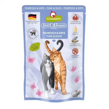Comida húmeda para gatos Fox4Pets DeliCATessen Atún y pato 85 g bolsa, alimento completo sin cereales para gatos adultos