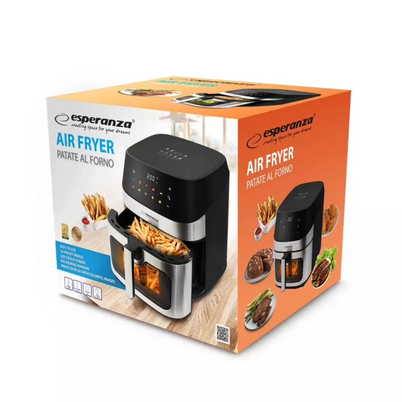Freidora de aire ESPERANZA EKA005, capacidad de 8 L, 1600 W, control táctil, 10 programas, acero inoxidable, negra