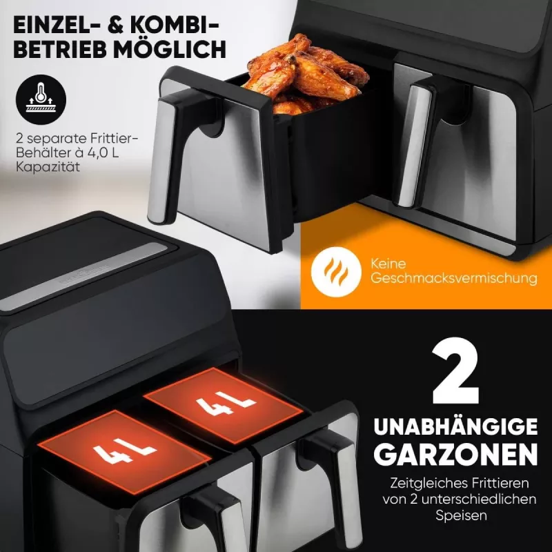 Freidora de aire ProfiCook PC-FR 1287 H — doble 8 L, 2200 W, táctil LED, negro/acero inoxidable