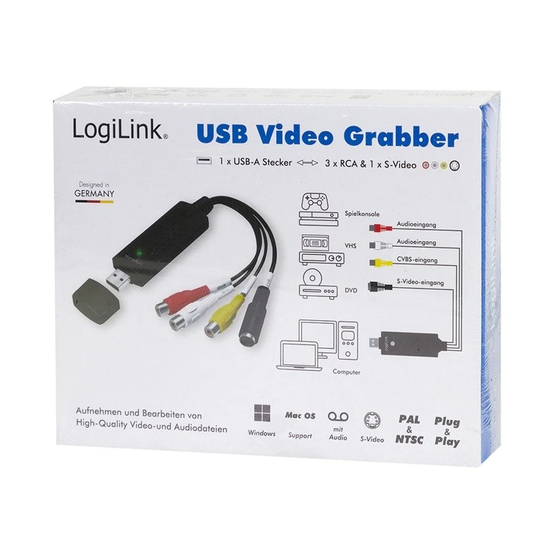Capturadora USB 2.0 de audio/vídeo LogiLink. USB A/M a 3xCinch + MiniDIN5/H. Negro