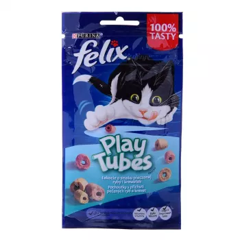 Snack seco para gatos Felix Play Tubes pescado y gambas 50 g — rollitos snack para gatos adultos, 35 % proteína, 19,5 % grasa