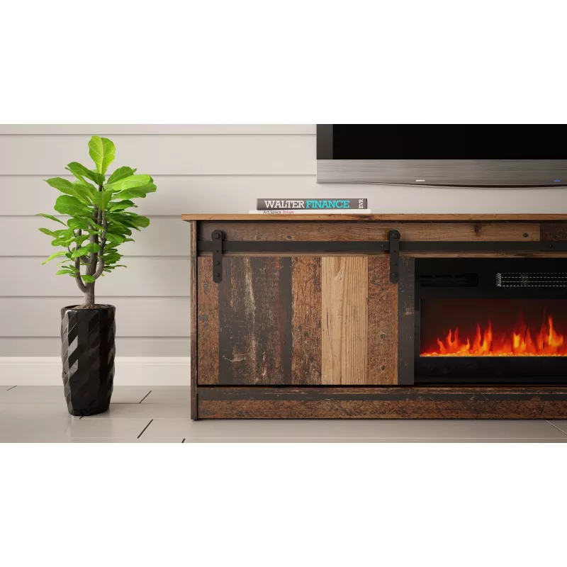 Mueble TV Cama Meble GRANERO con mueble de chimenea, 2000×567×350 mm, tablero de partículas/MDF, 2 puertas correderas, mate, madera vieja