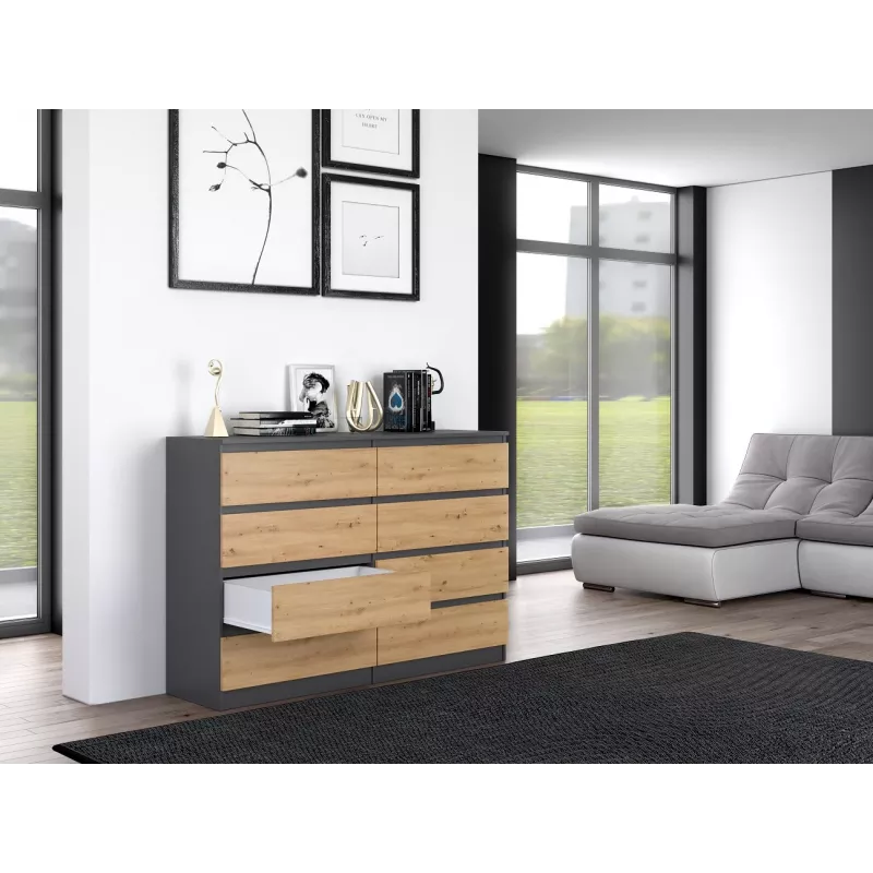 Cómoda Top e shop M8 140 ANT/ART — 8 cajones, antracita/roble, 1380×400×970 mm, tablero de partículas