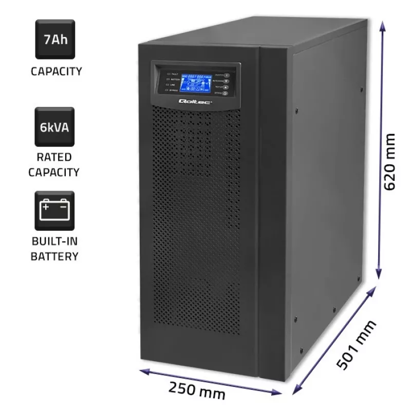 Qoltec 53982 SAI online de onda sinusoidal pura, 6 kVA / 4,8 kW, LCD, USB