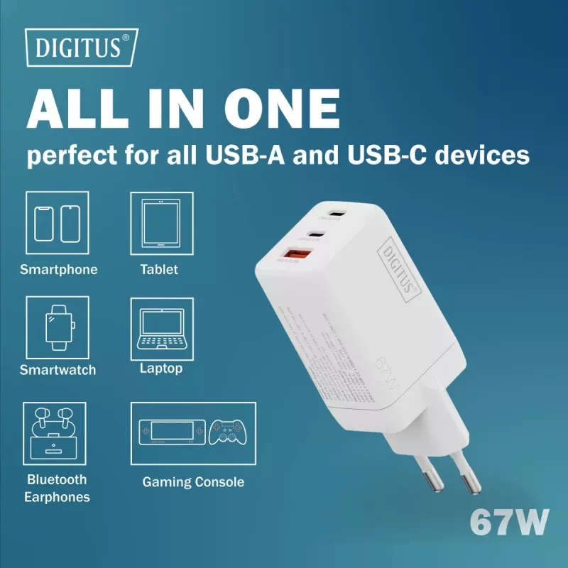 Cargador de pared DIGITUS DA-10303 67W GaN, 2× USB-C + 1× USB-A, 100–240V, blanco