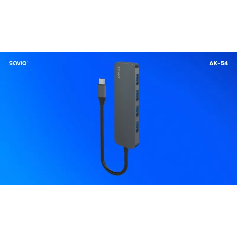 Hub USB SAVIO AK-54 — 4 x USB-A (USB 3.2 Gen 1), host USB-C, negro
