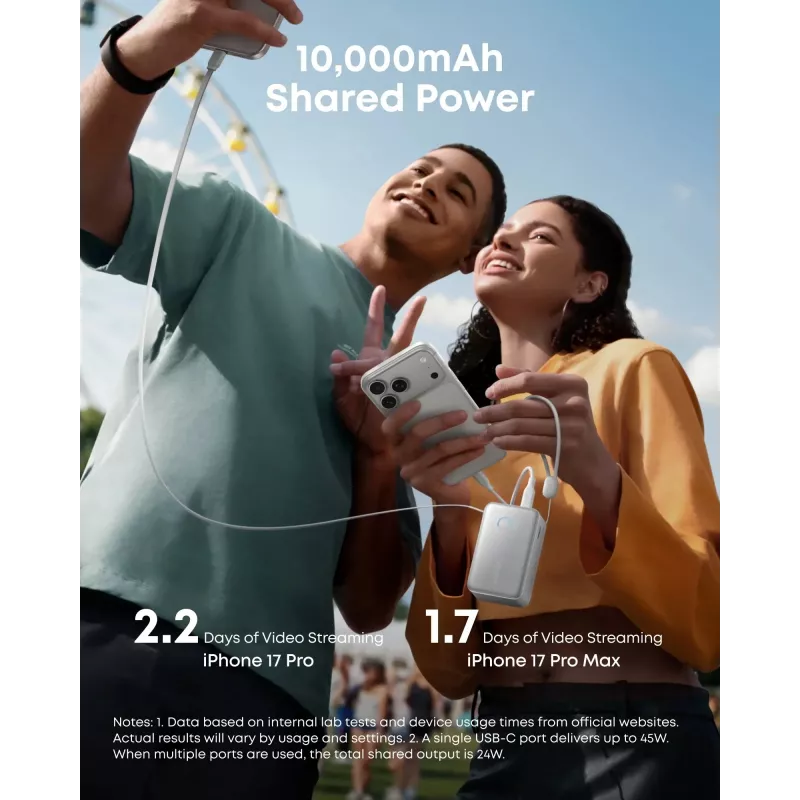 Batería externa Anker A1638 10000 mAh, 45 W de potencia de salida total, Blanco, cable USB-C retráctil integrado